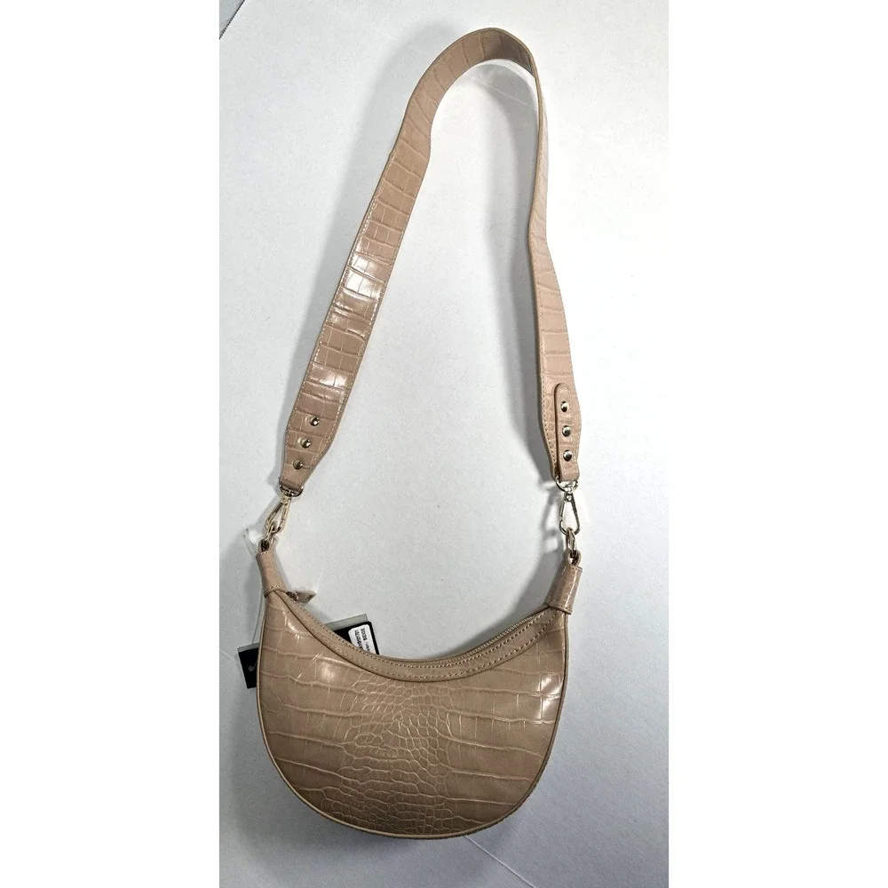 Like Dreams Beige Croc Embossed Crescent Shoulder Bag Vegan Leather H9101701